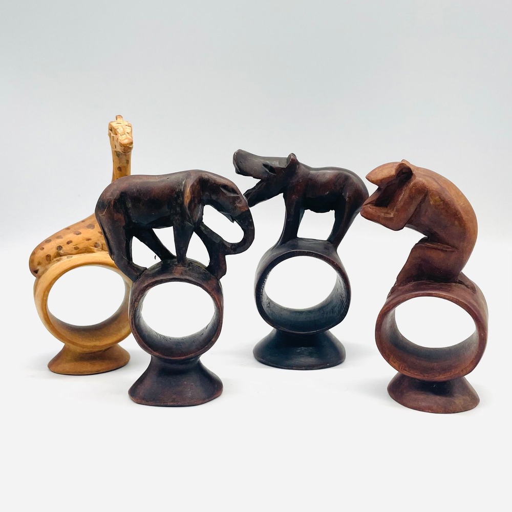 Set of 4 Hand Carved Wooden African‎ Safari Animal Napkin Rings Giraffe Elephant